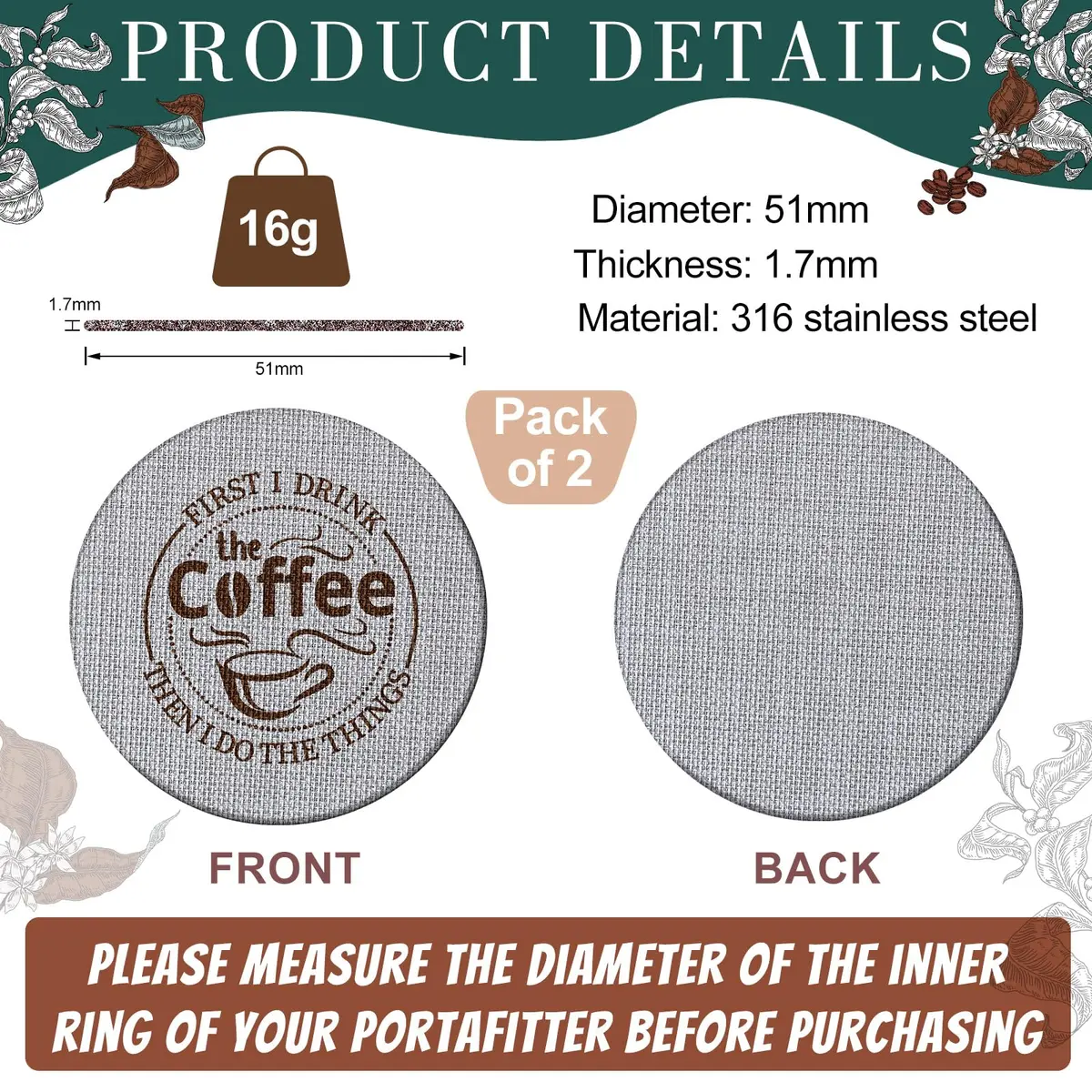Yaomiao 51mm Espresso Puck Screen 2-Pack | 1.7mm Thickness, 150μm Mesh, Stainless Steel - view 2