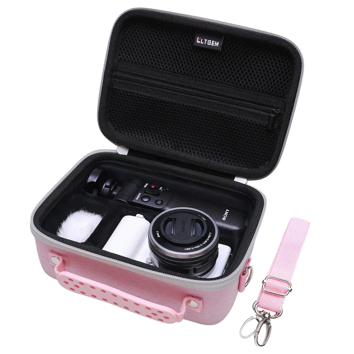 LTGEM Pink+Black Camera Case for Sony Alpha ZV-E10 / ZV-1F / ZV-1 / ZV-1 II Vlog Camera with Shoulder Strap, Fits Accessory Kit, 20cm (8") L – 15cm (6") W – 10cm (4.1") H - main product image