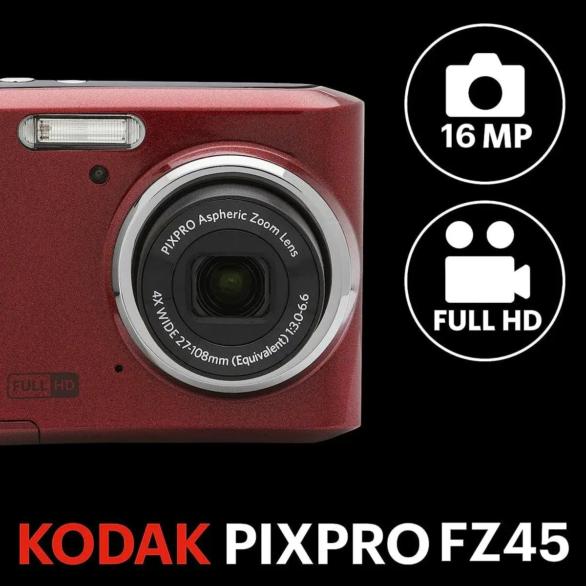KODAK PIXPRO FZ45 Red 16MP Digital Camera 4X Optical Zoom 27mm Wide Angle 1080p Full HD Video 2.7" LCD with 32GB SD Card & Case - view 2