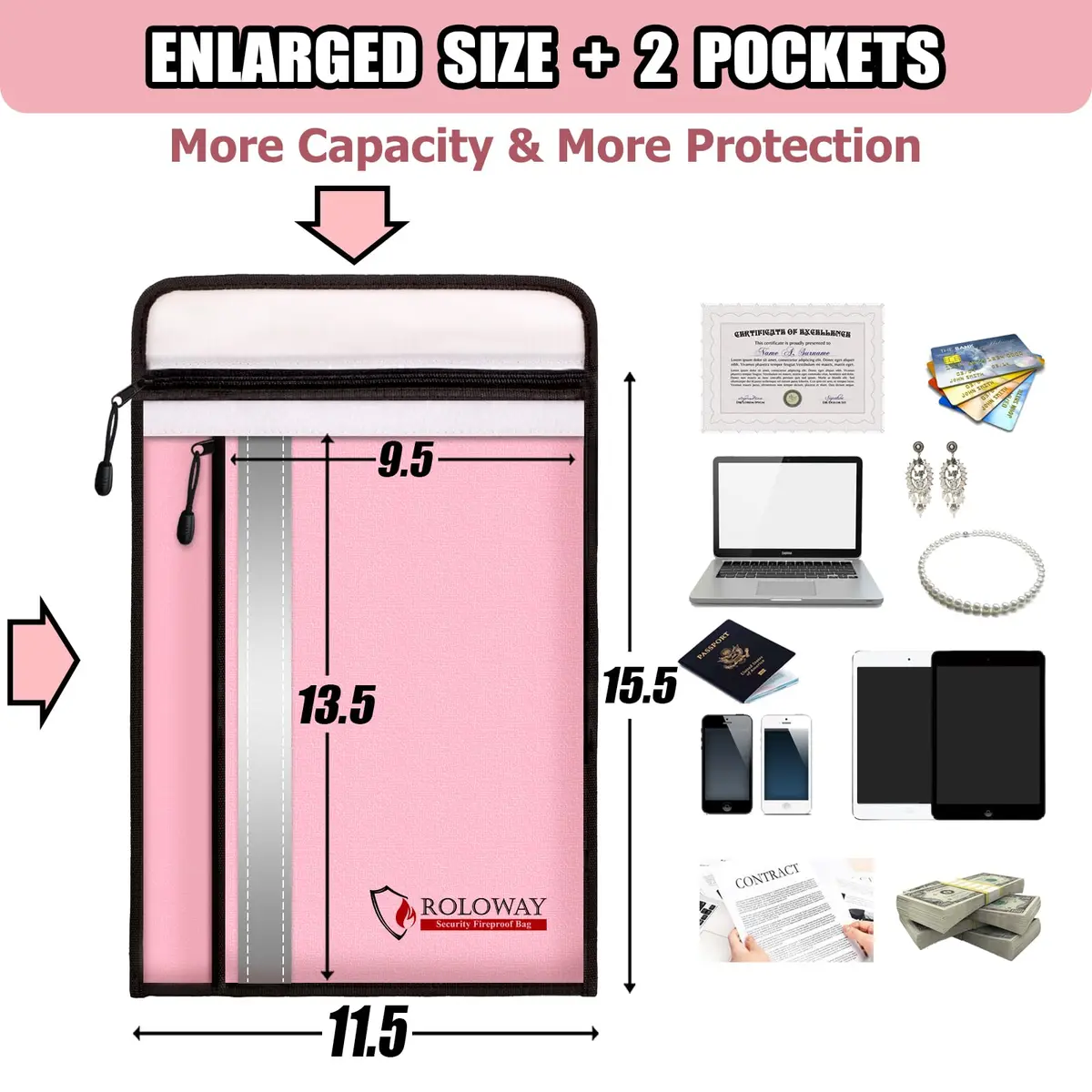 ROLOWAY Fireproof Document Bag (15.5 x 11.5 inch) with 2 Pockets and 5200°F Aluminum Foil Layer | Fireproof Safe for Valuables - view 4