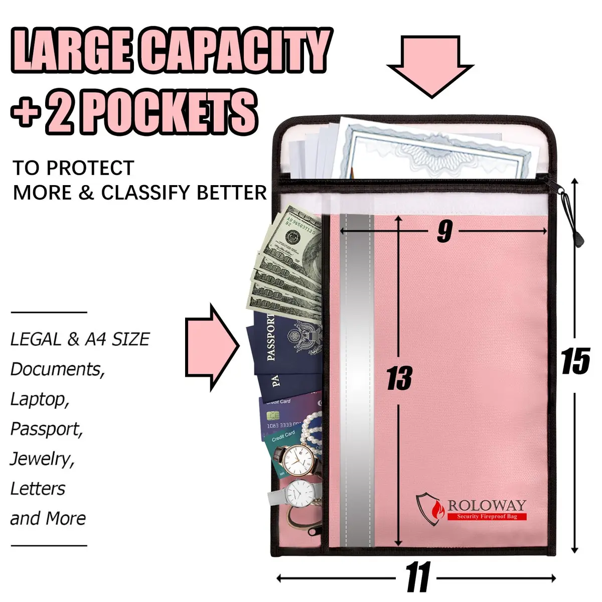 ROLOWAY Fireproof Document Bag 15 x 11 inch | Waterproof & Fire Resistant with 2 Pockets - view 2