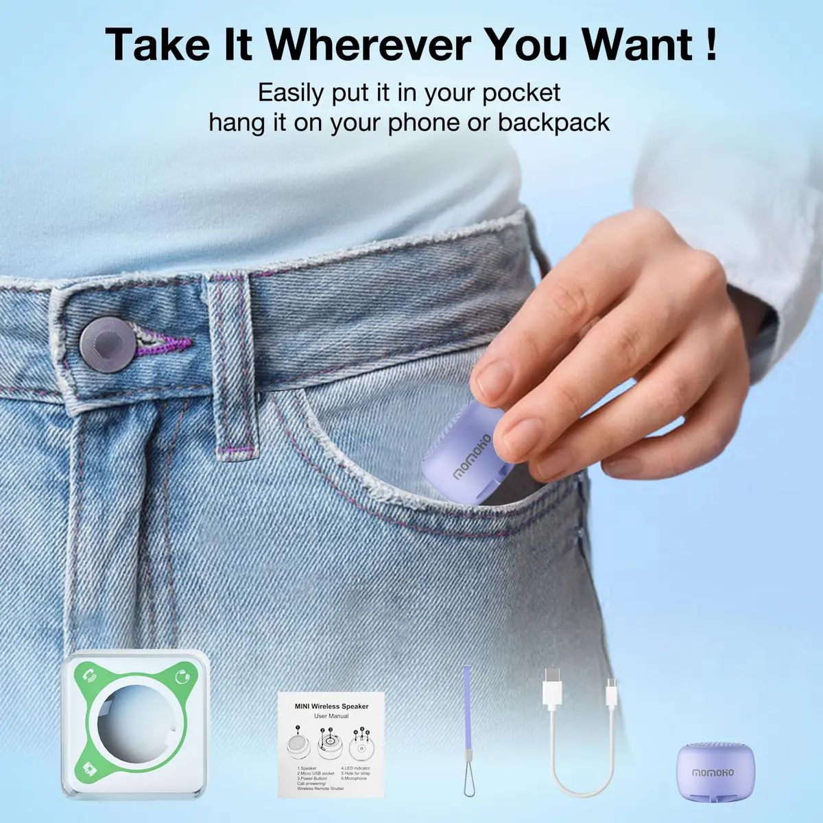 MOMOHO Mini Bluetooth Speaker Wireless, Tiny Small Speaker with Built-in Mic & TWS Pairing, Portable for Indoor/Outdoor/Travel/Gifts (Purple) - view 5