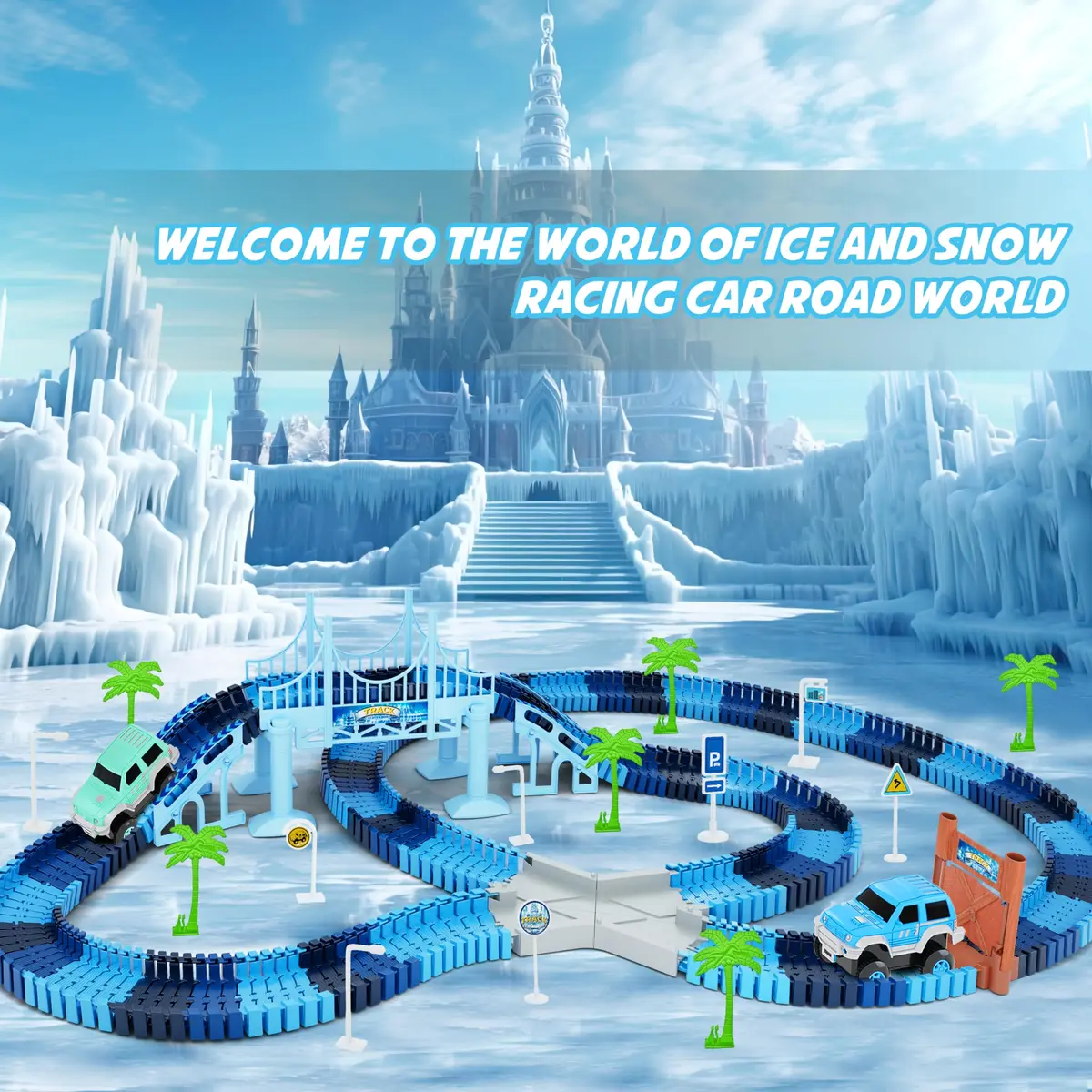 Toyk Track Car Toys, 269 PCS Frozen World Race Road Playset | Flexible Tracks & 2 Race Cars for Kids - view 6