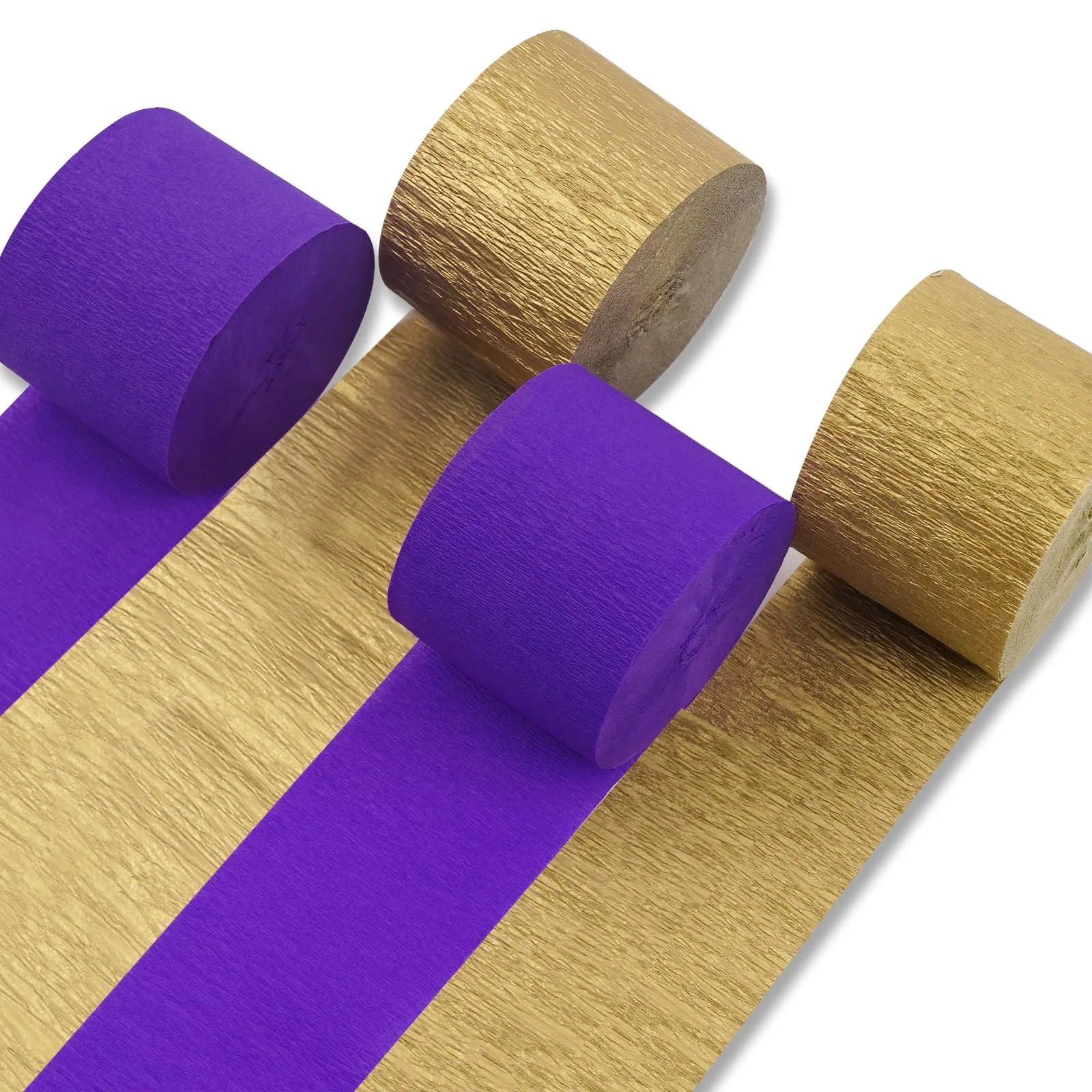 PartyWoo Purple and Gold Crepe Paper Streamers (4 Rolls, 328ft Total) | Metallic Gold Dark Purple Party Decorations - main product image