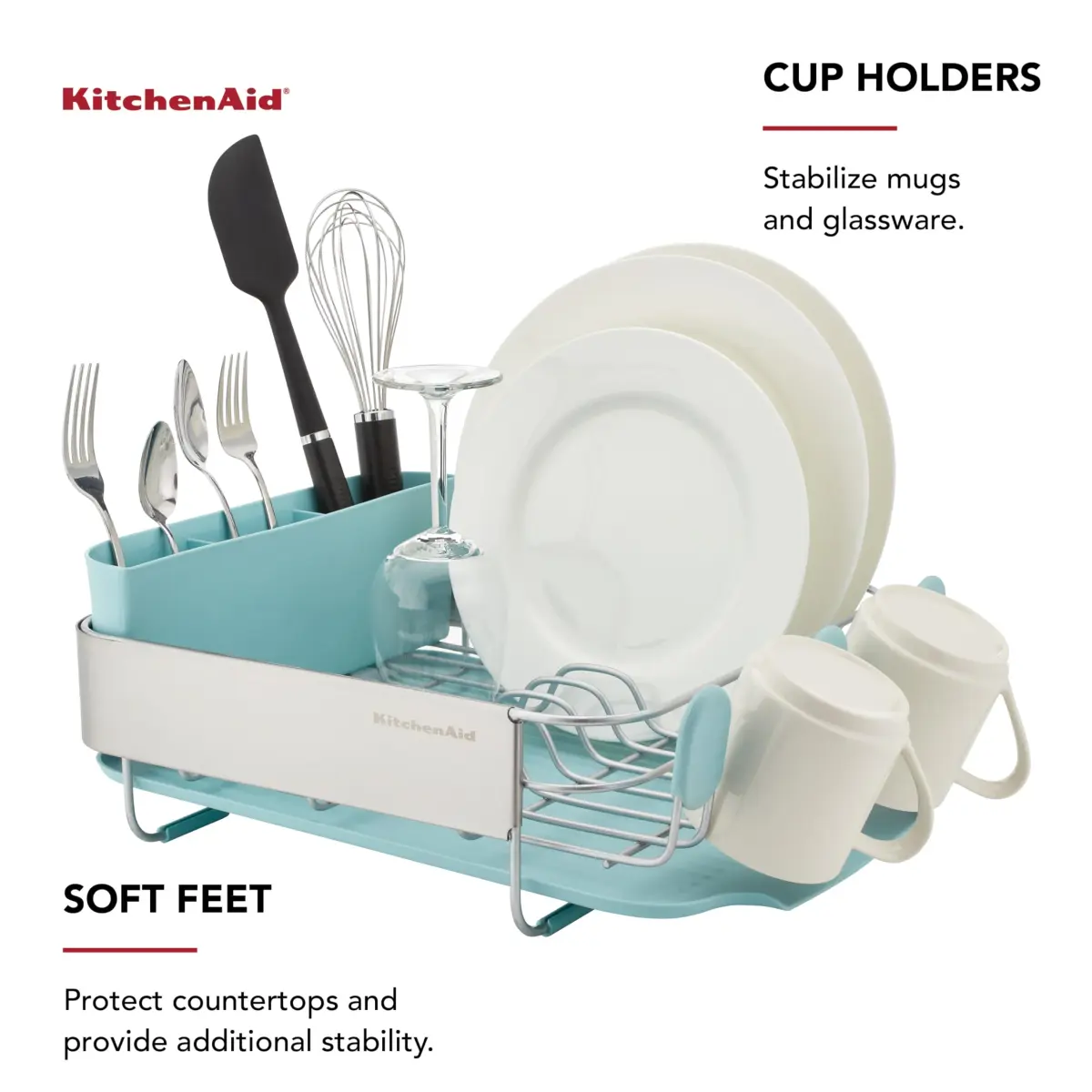 KitchenAid Compact Rust Resistant Dish Rack with Removable Flatware Caddy & Self-Draining Drainboard | Mineral Water - view 3