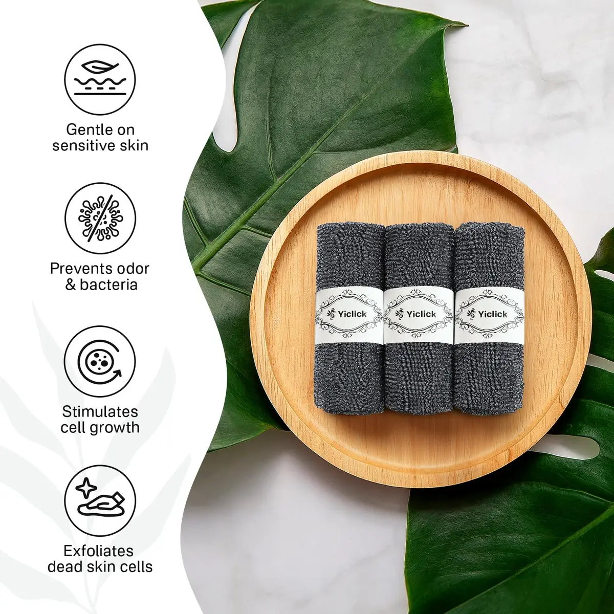Yiclick 3-Pack Exfoliating Washcloth Towels - 40 Inch Back Scrubber for Shower Bath Use, Japanese & Korean Scrub Wash Cloths, Gray - view 9