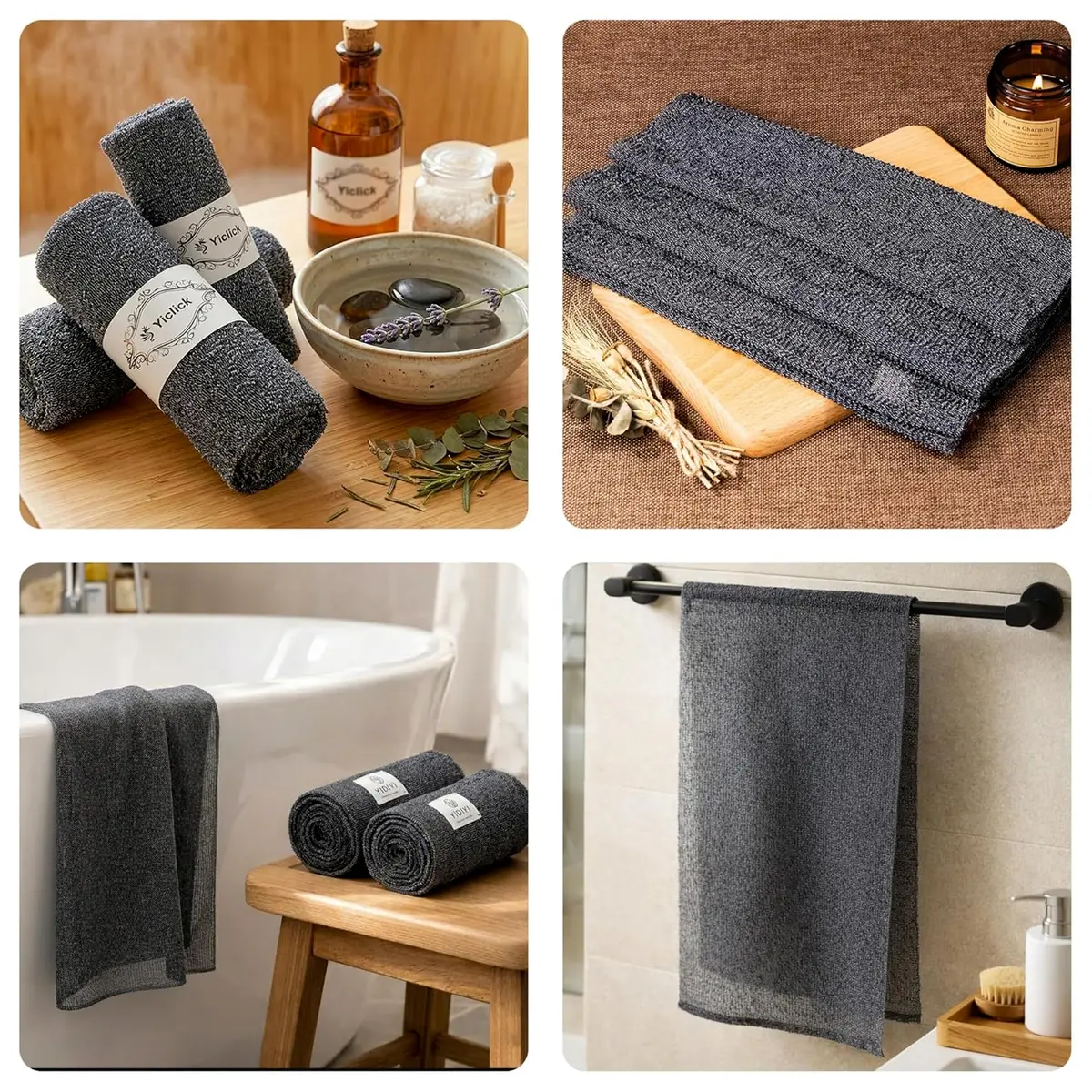 Yiclick 3-Pack Exfoliating Washcloth Towels - 40 Inch Back Scrubber for Shower Bath Use, Japanese & Korean Scrub Wash Cloths, Gray - view 2