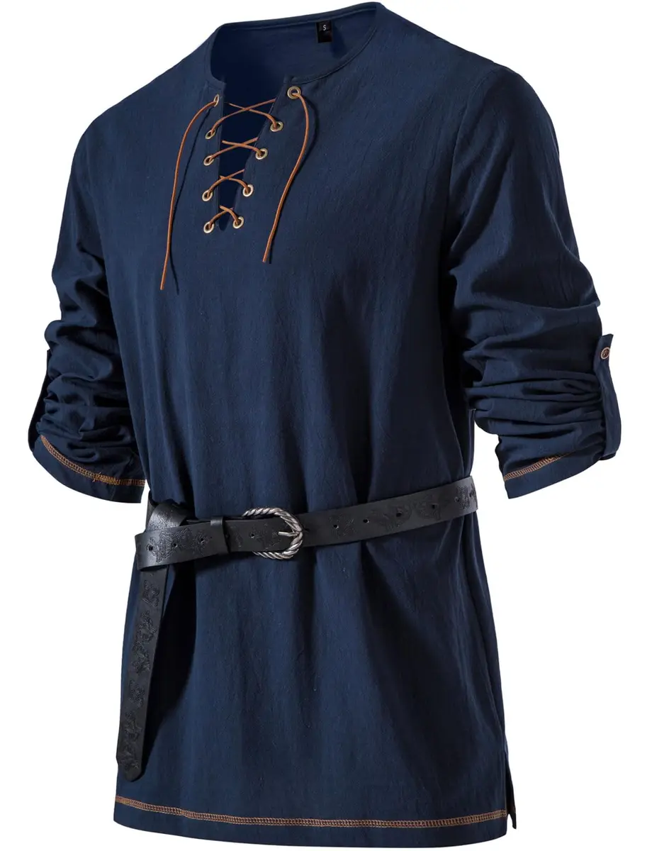 JEMITOP Men's Pure Cotton Vintage Renaissance Costume Shirt Navy Blue XXL | Breathable Fabric for Indian Climate - main product image