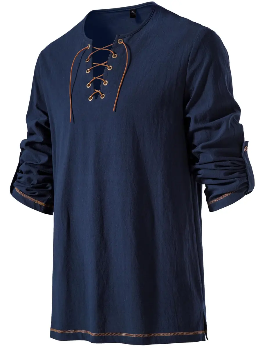 JEMITOP Men's Pure Cotton Vintage Renaissance Costume Shirt Navy Blue XXL | Breathable Fabric for Indian Climate - view 3