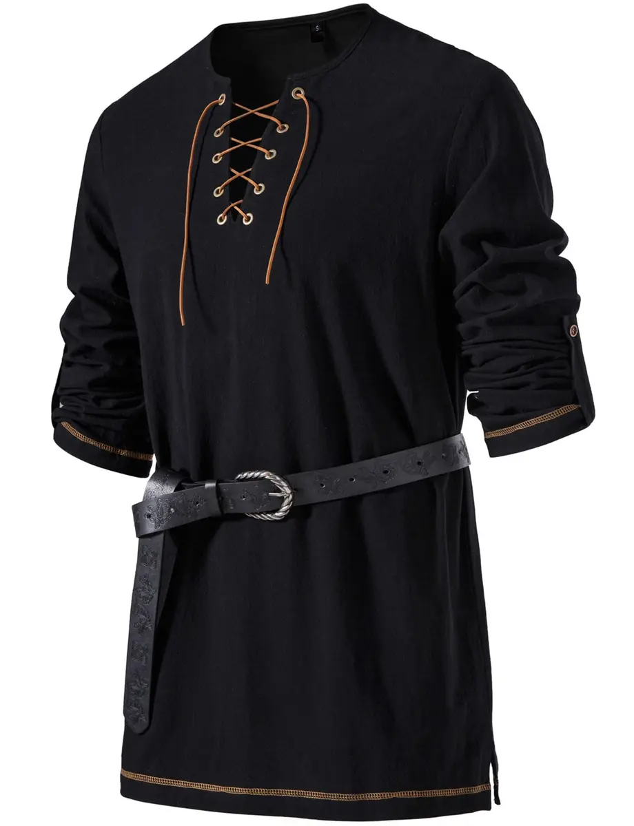 JEMITOP Men's Retro Lace Up Renaissance Costume Shirt Black XL | Pirate Viking Medieval Vampire Halloween Cosplay - main product image