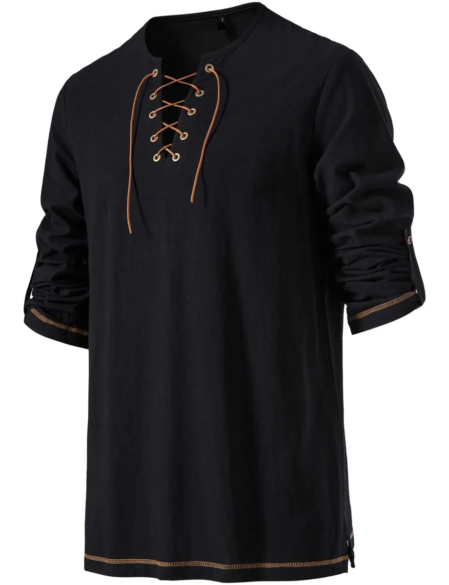 JEMITOP Men's Retro Lace Up Renaissance Costume Shirt Black XL | Pirate Viking Medieval Vampire Halloween Cosplay - view 3