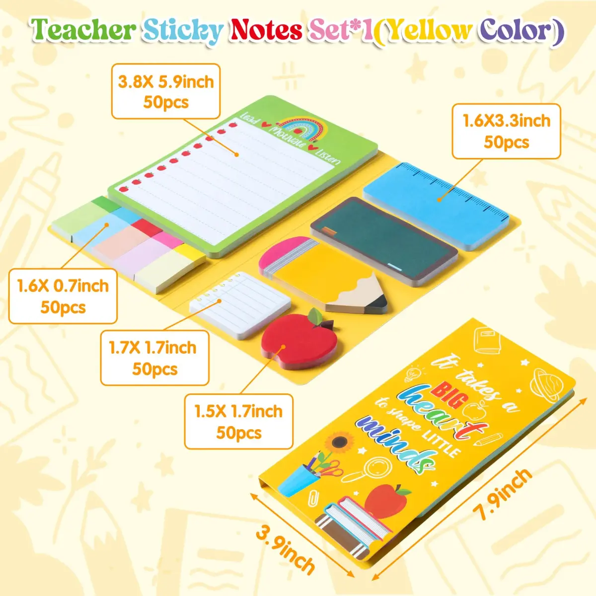 Xqumoi Teacher Themed Sticky Notes Set | Blackboard Pencil Apple Shape Memo Pads (550 Sheets, Yellow) - view 2