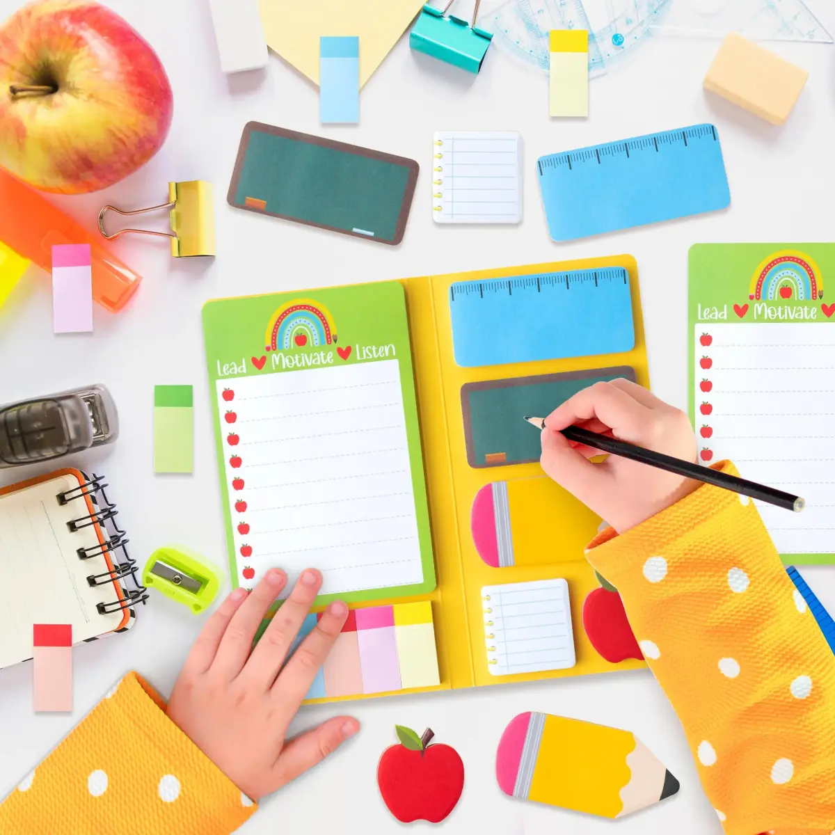 Xqumoi Teacher Themed Sticky Notes Set | Blackboard Pencil Apple Shape Memo Pads (550 Sheets, Yellow) - view 4