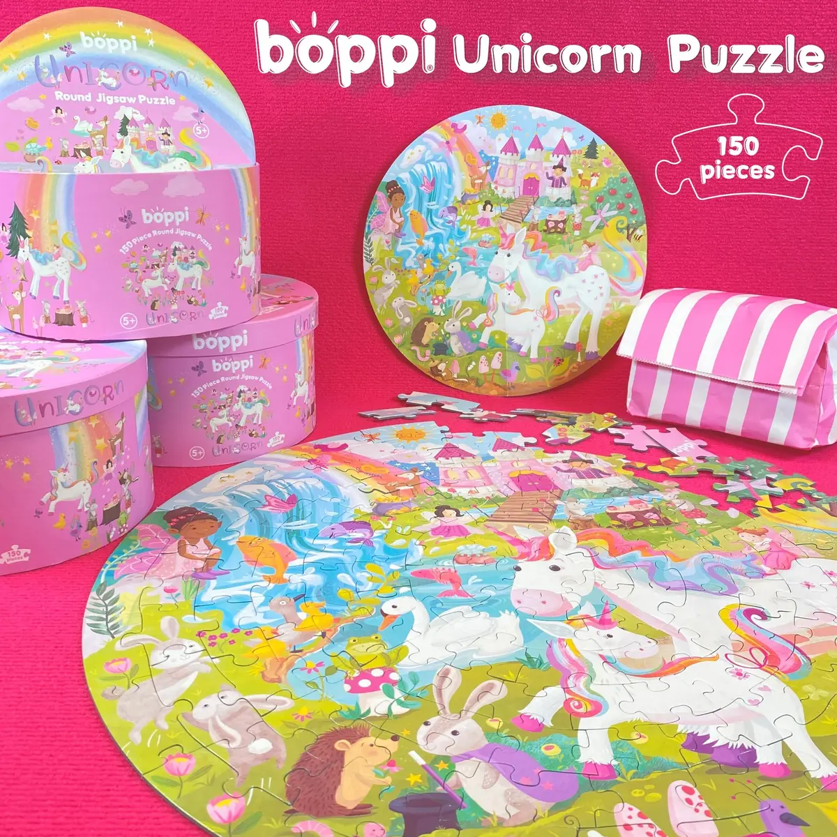 boppi Round 150 Piece Jigsaw Puzzle for Kids 5-8 | Unicorn Fantasy Scene | Eco-Friendly Recycled Cardboard - view 2