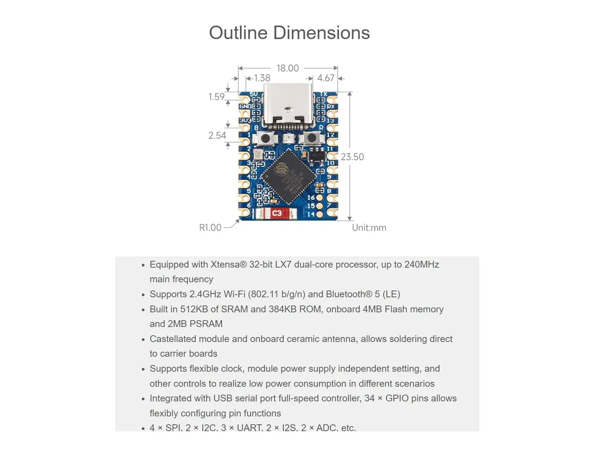 waveshare ESP32-S3 Mini Development Board with Wi-Fi & Bluetooth 5, 240MHz Dual-Core, USB-C | Single Board Computer for India - view 7