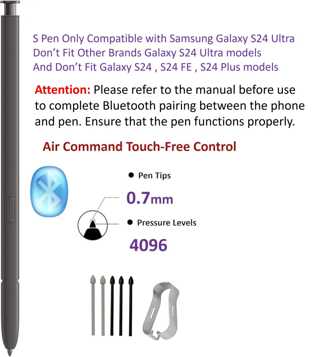 SLQ Replacement S Pen for Samsung Galaxy S24 Ultra 5G with Bluetooth, 4096 Pressure Sensitivity, 5x Tips (Black) - view 2