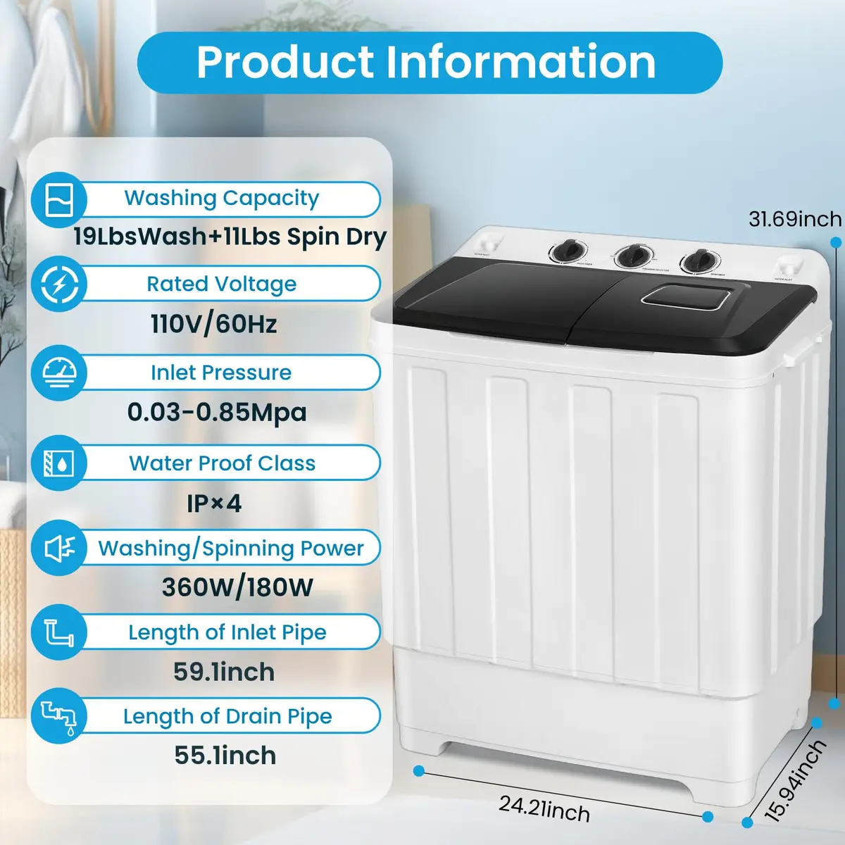 Nictemaw Portable Washing Machine 30Lbs Capacity Twin Tub with Drain Pump | Compact Laundry for Apartments & Dorms - view 9