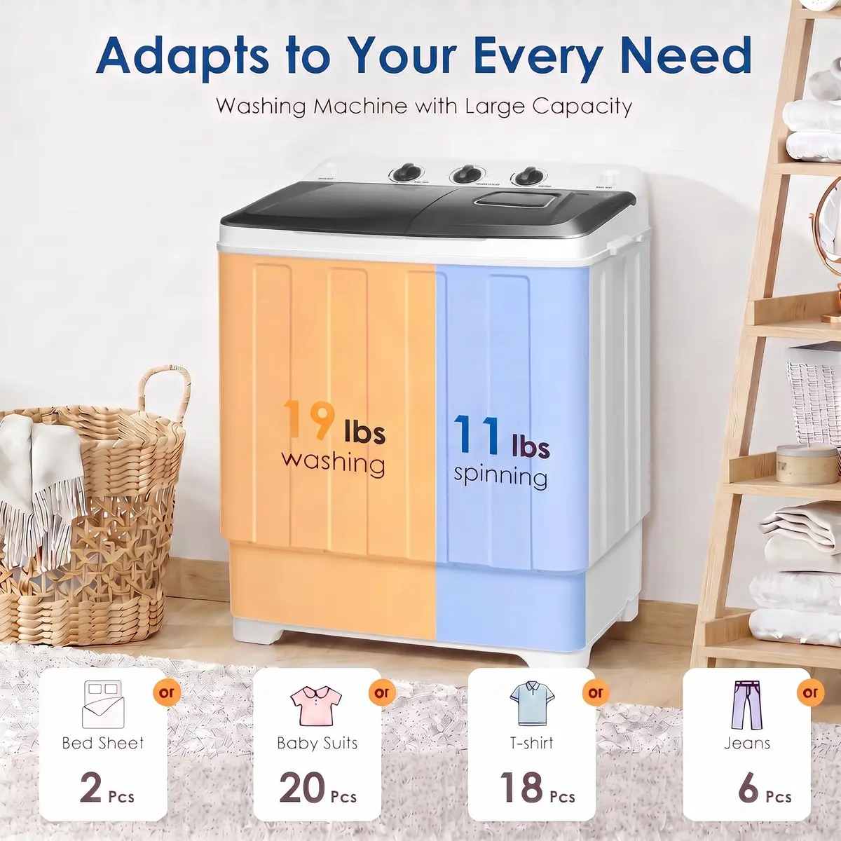 Nictemaw Portable Washing Machine 30Lbs Capacity Twin Tub with Drain Pump | Compact Laundry for Apartments & Dorms - view 2