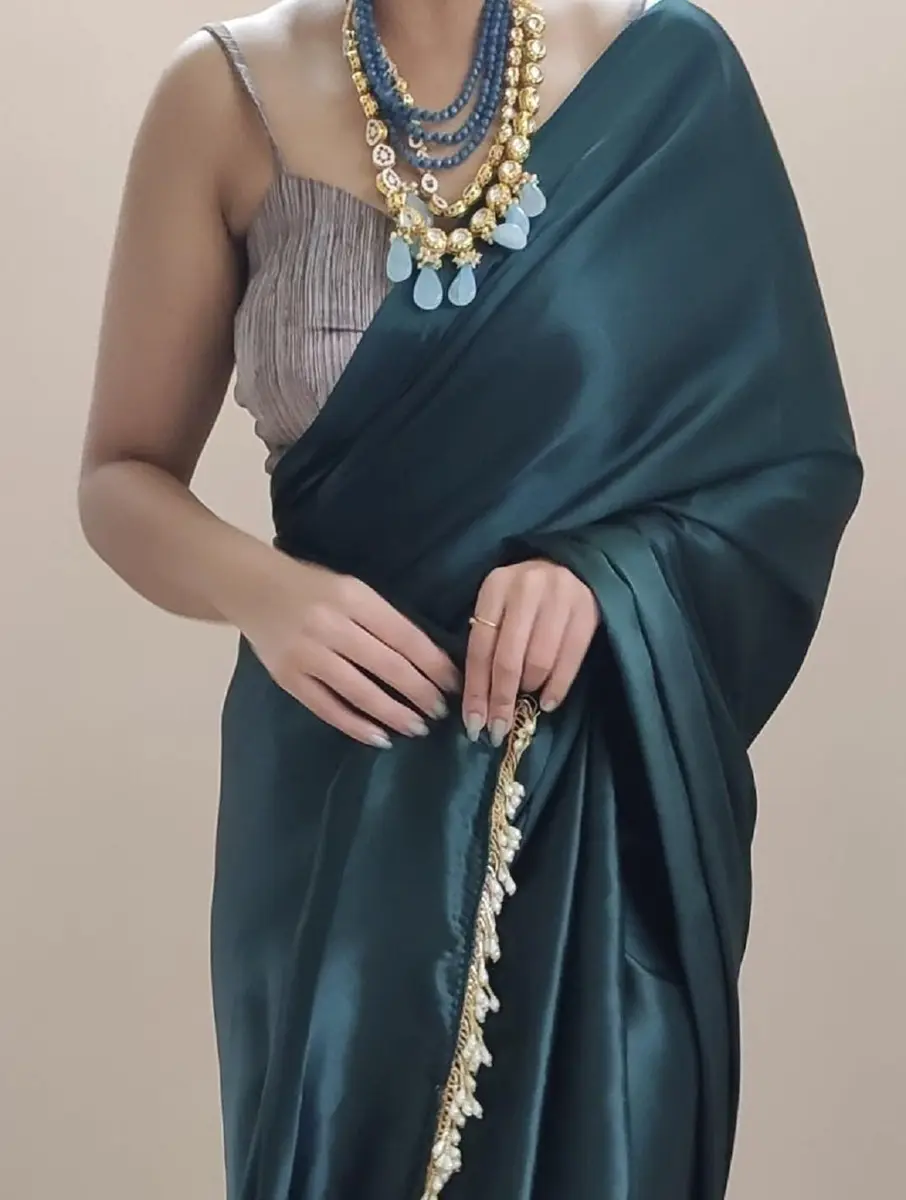 SATAZ Women's 1 Minute Pre-Pleated Silk Satin Saree with Designer Tassels (Blackish Green), One Size - view 5