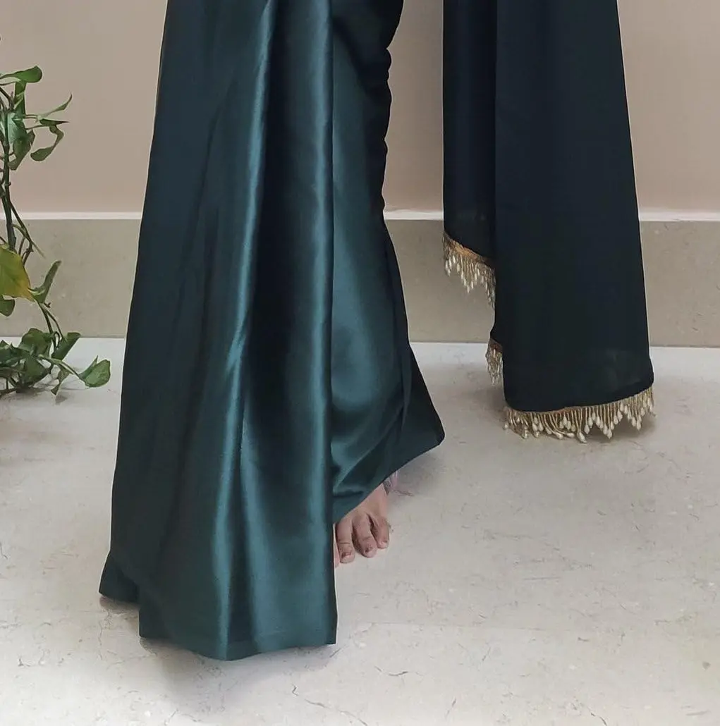 SATAZ Women's 1 Minute Pre-Pleated Silk Satin Saree with Designer Tassels (Blackish Green), One Size - view 7