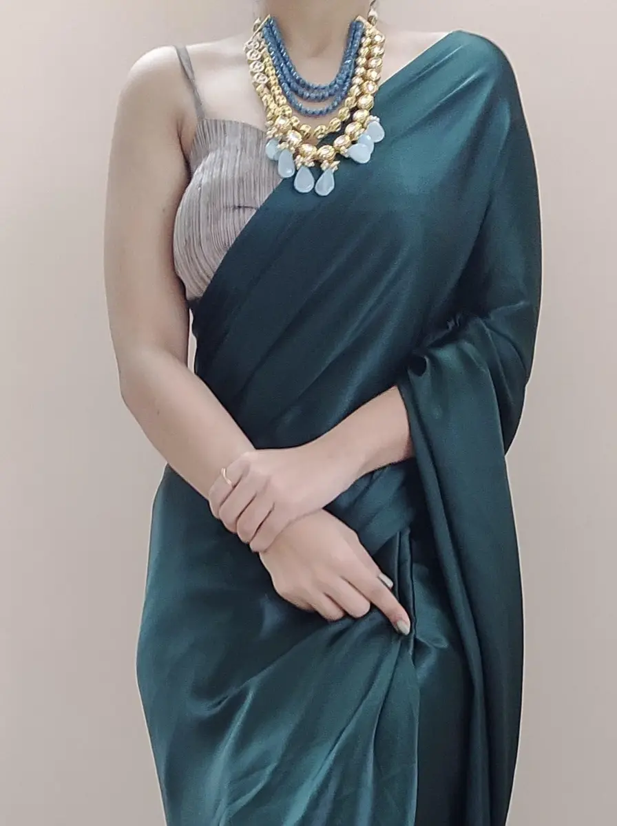 SATAZ Women's 1 Minute Pre-Pleated Silk Satin Saree with Designer Tassels (Blackish Green), One Size - view 2