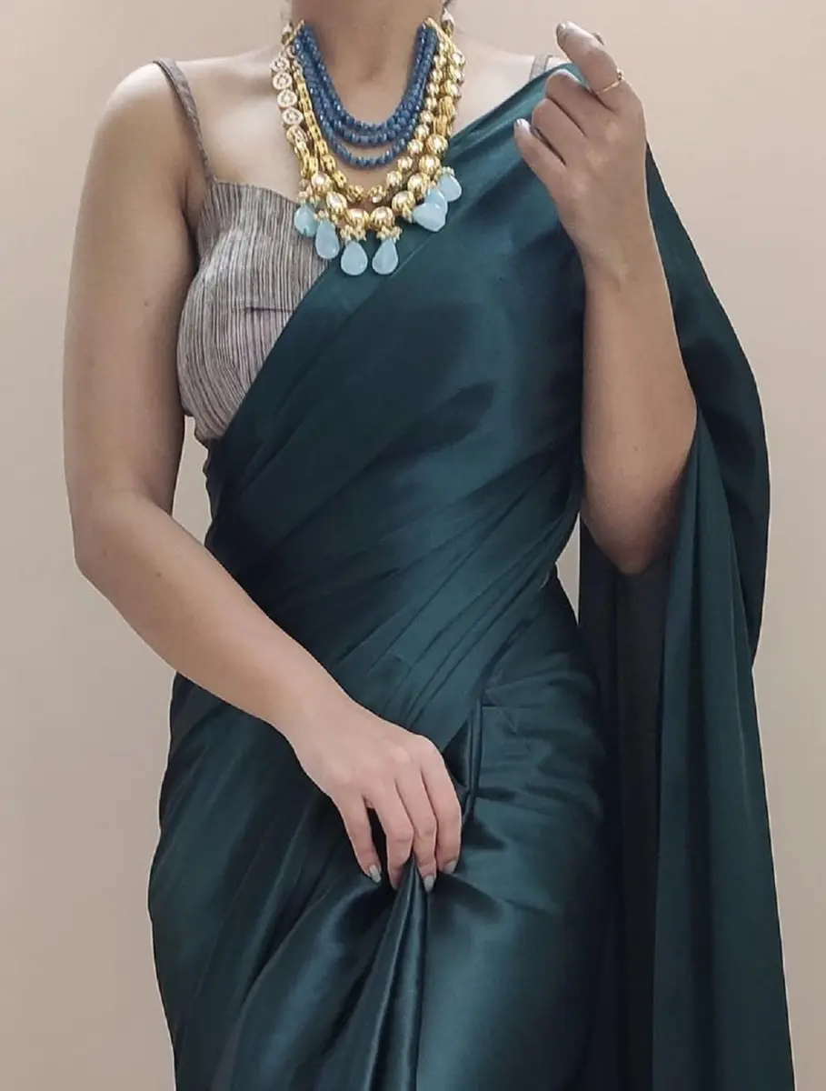 SATAZ Women's 1 Minute Pre-Pleated Silk Satin Saree with Designer Tassels (Blackish Green), One Size - view 3