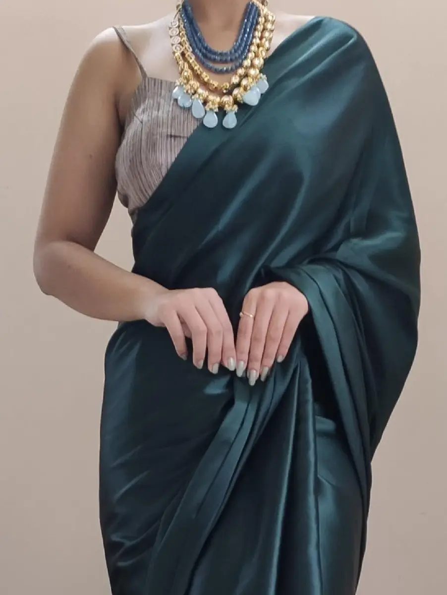 SATAZ Women's 1 Minute Pre-Pleated Silk Satin Saree with Designer Tassels (Blackish Green), One Size - view 4
