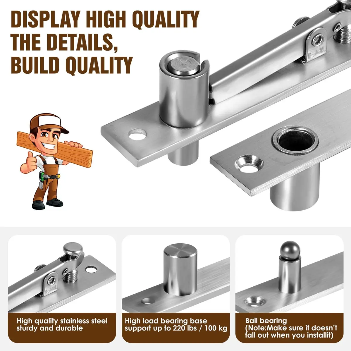 SKMYL Heavy Duty Hidden Pivot Hinge, 360° Rotation for Bookshelf Door, 220 lb Capacity (2-Pack, Stainless Steel) - view 2