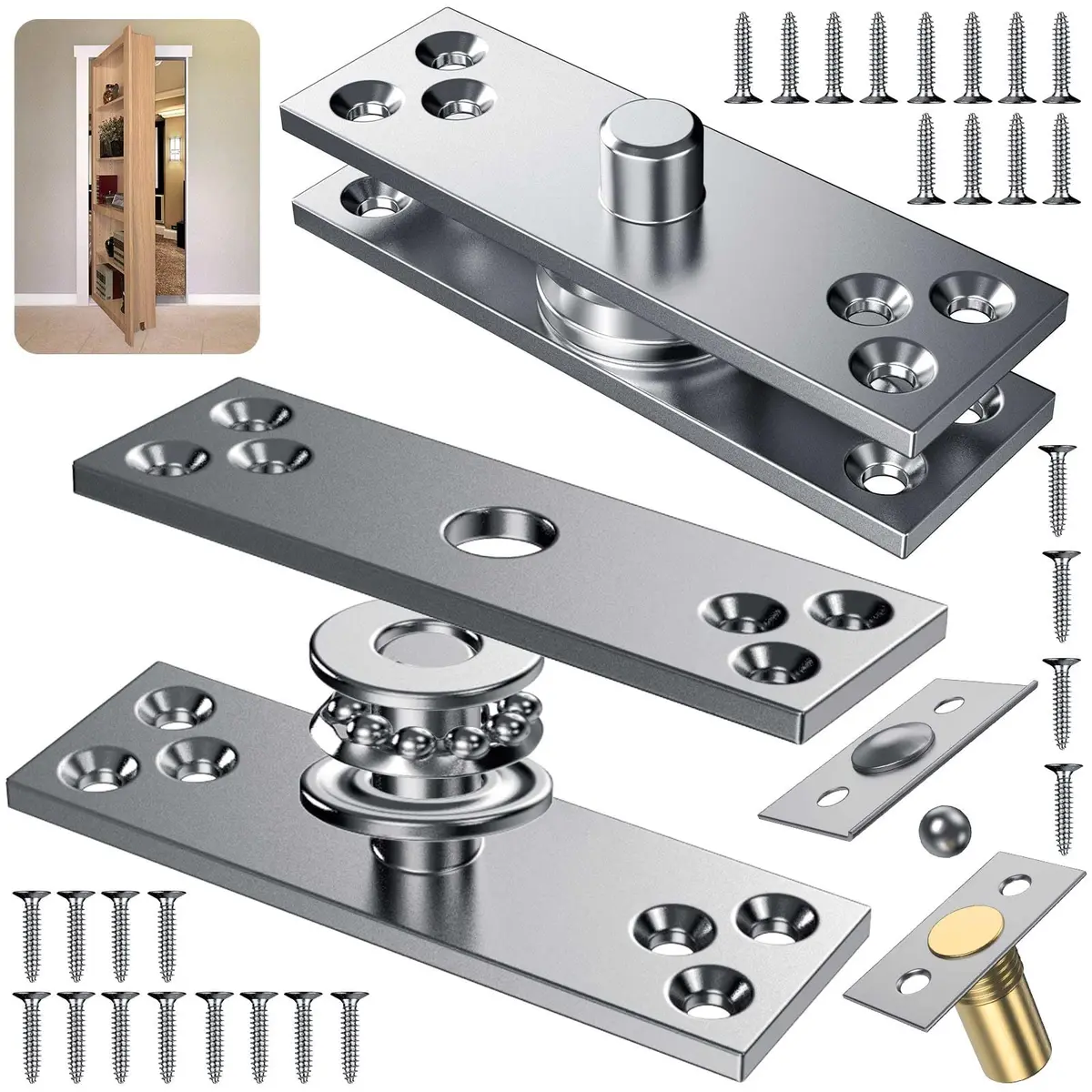 SKMYL Heavy Duty Hidden Pivot Hinge for Bookshelf Doors, Center Mount 220 lbs (99.8 kg) Capacity | Invisible Rotation Hardware Kit - main product image
