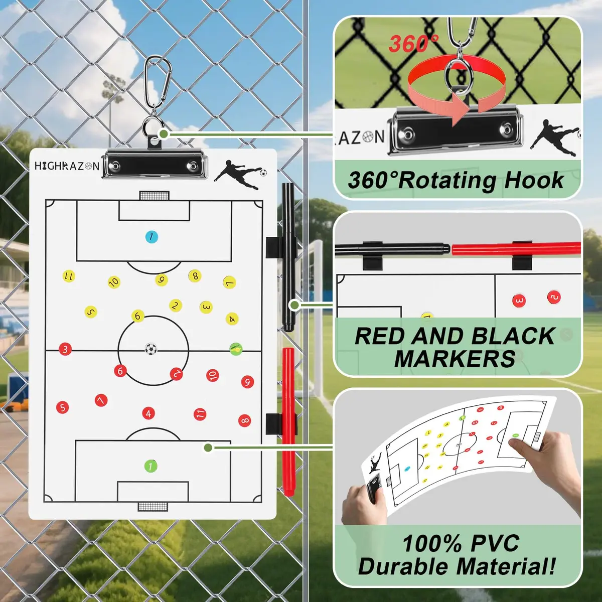 HIGHRAZON Magnetic Soccer Coaches Clipboard, White Double-Sided Dry Erase Board, Tactics Whiteboard with Magnetic Stickers & Markers - view 6