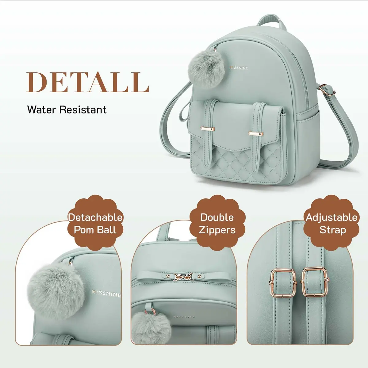 Missnine Mini Backpack for Women Small PU Leather Purse with Pompom, Casual Daypack (8.6"L x 3.9"W x 11"H) | Water-Resistant - view 5