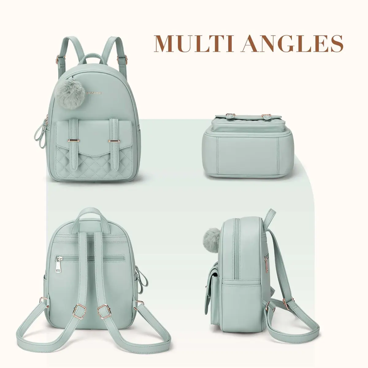 Missnine Mini Backpack for Women Small PU Leather Purse with Pompom, Casual Daypack (8.6"L x 3.9"W x 11"H) | Water-Resistant - view 6