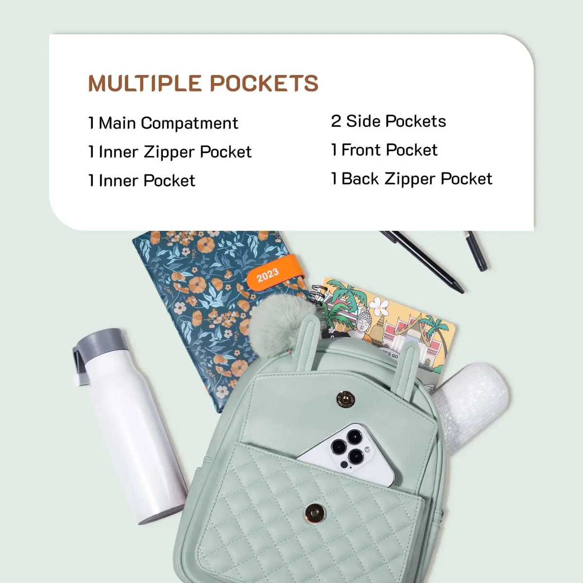 Missnine Mini Backpack for Women Small PU Leather Purse with Pompom, Casual Daypack (8.6"L x 3.9"W x 11"H) | Water-Resistant - view 2