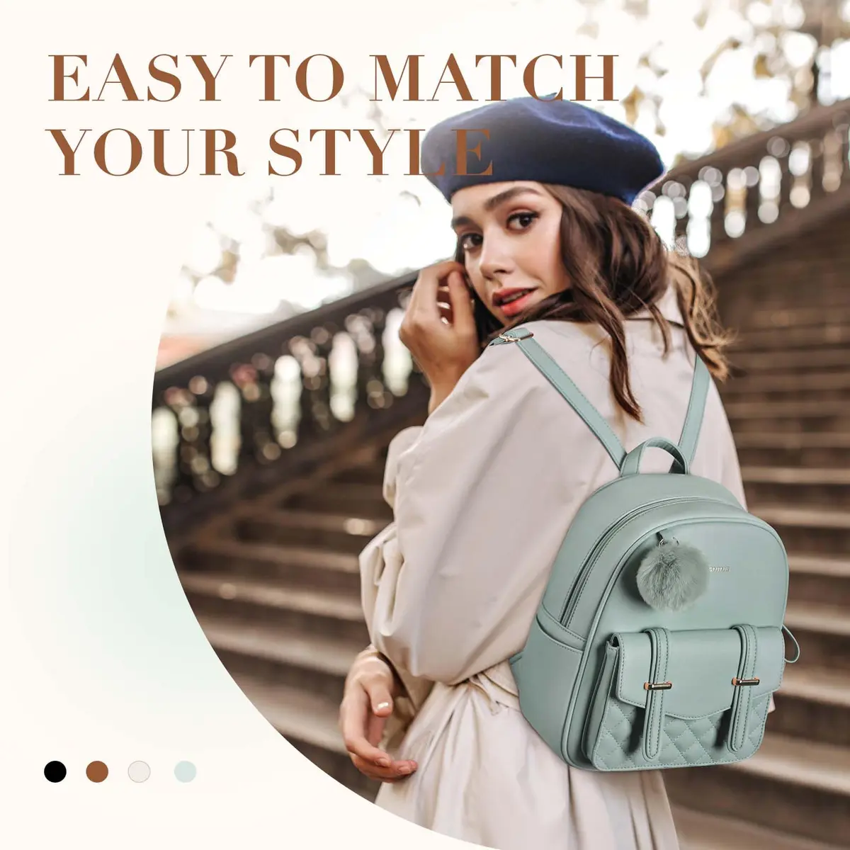 Missnine Mini Backpack for Women Small PU Leather Purse with Pompom, Casual Daypack (8.6"L x 3.9"W x 11"H) | Water-Resistant - view 3