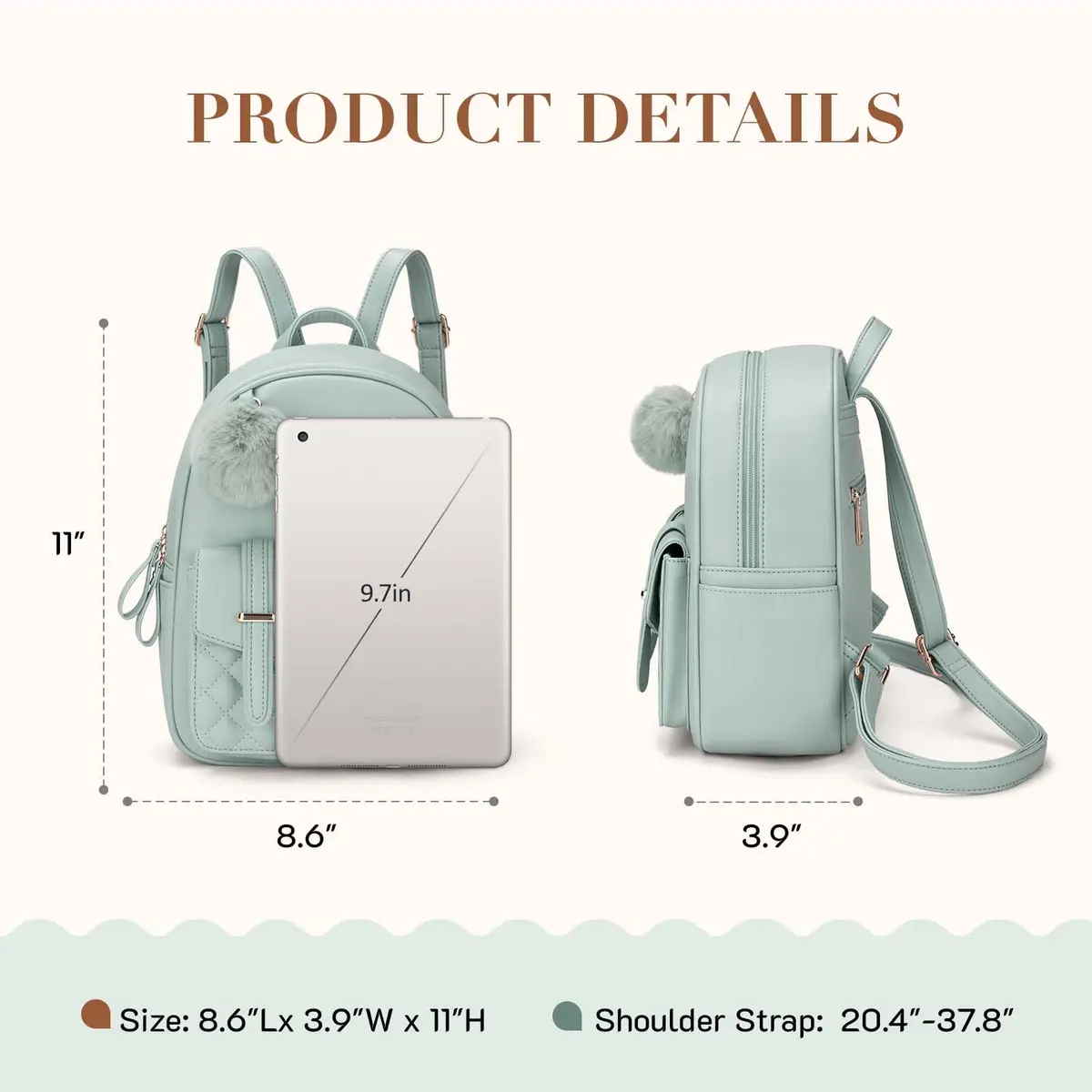 Missnine Mini Backpack for Women Small PU Leather Purse with Pompom, Casual Daypack (8.6"L x 3.9"W x 11"H) | Water-Resistant - view 4