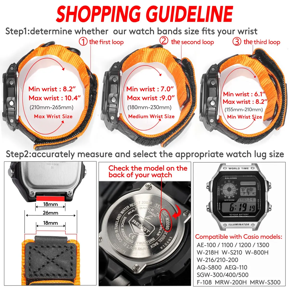 hemsut h 18mm Military Nylon Watch Band for Casio AE-1200, DW-5600, F-91W, A168W | Adjustable Hook & Loop Closure - view 4