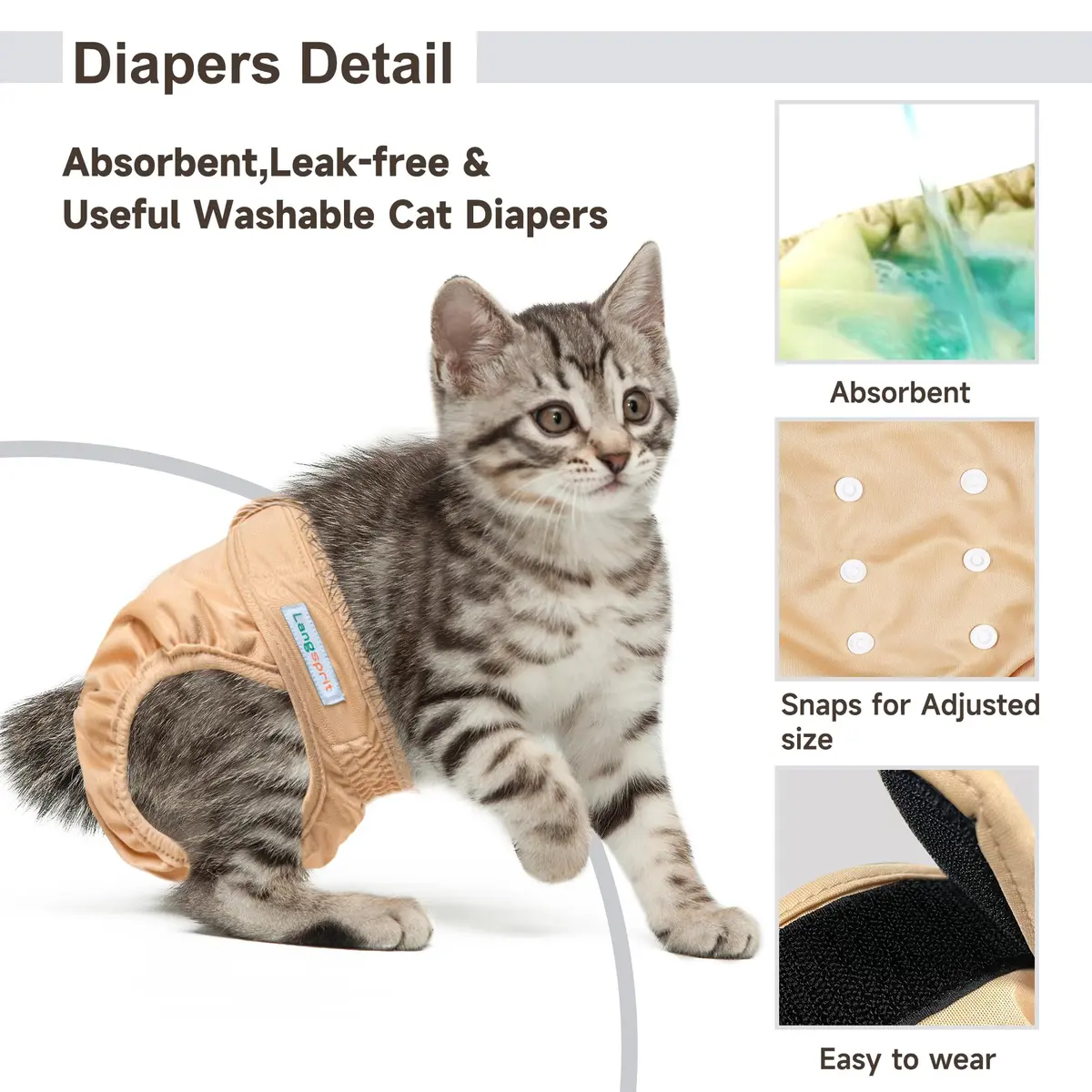 Langsprit Reusable Cat Diapers for Male & Female Cats | Washable, Leak-Free, Adjustable Fit - view 2