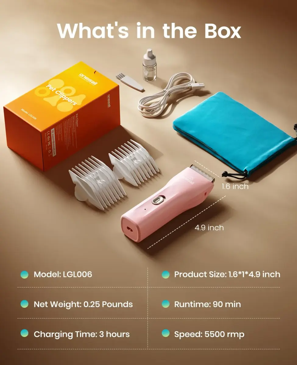 oneisall Pet Clippers for Matted Cat Hair, Quiet Pet Shaver with Storage Bag | 50dB Low Noise, IPX7 Waterproof, USB Rechargeable - view 8
