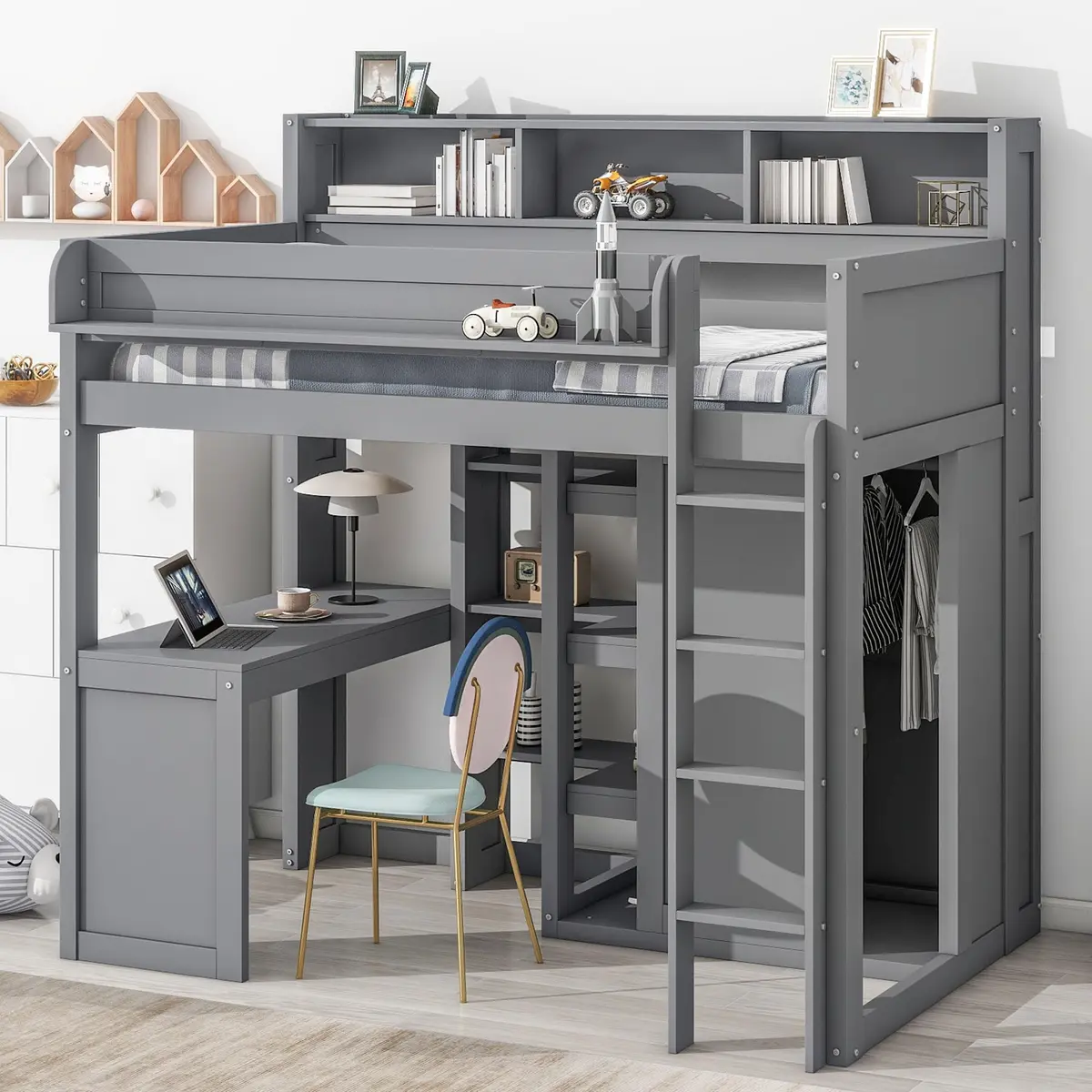 Brisca Twin Size Loft Bed with Storage Shelves and Wardrobe | Space-Saving Kid & Teen Bed Frame - main product image