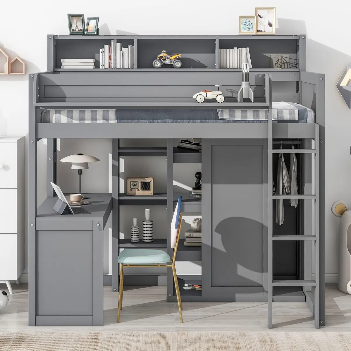 Brisca Twin Size Loft Bed with Storage Shelves and Wardrobe | Space-Saving Kid & Teen Bed Frame - view 2
