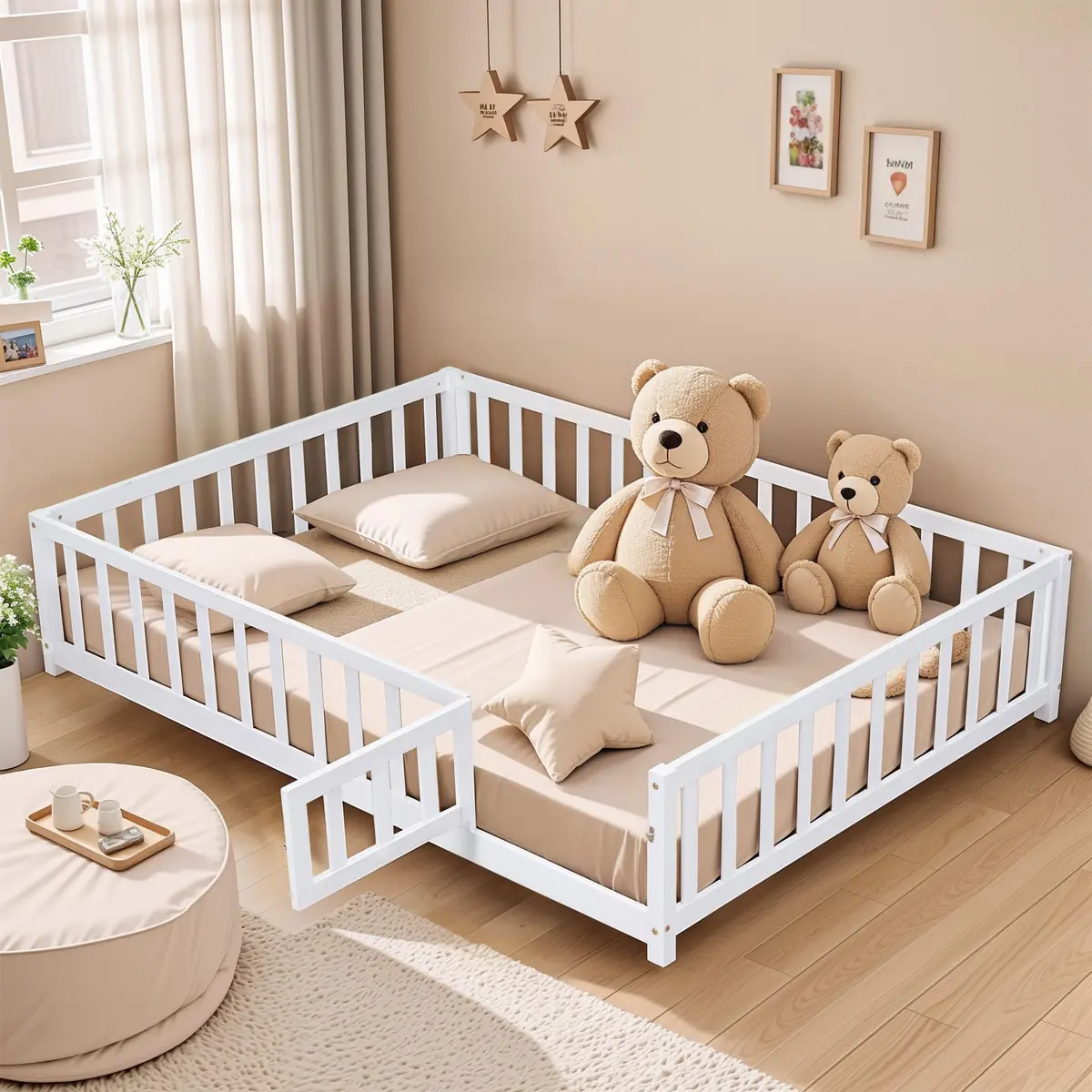 Brisca Full Size Floor Platform Bed with Fence & Lockable Door | Montessori Wooden Bed Frame for Kids - main product image