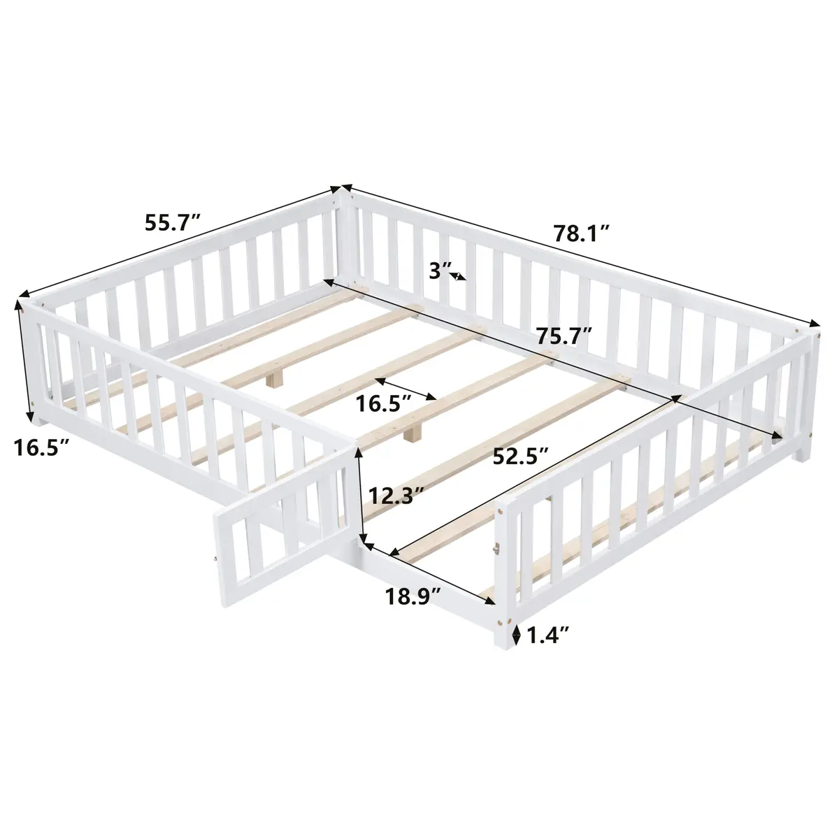 Brisca Full Size Floor Platform Bed with Fence & Lockable Door | Montessori Wooden Bed Frame for Kids - view 2