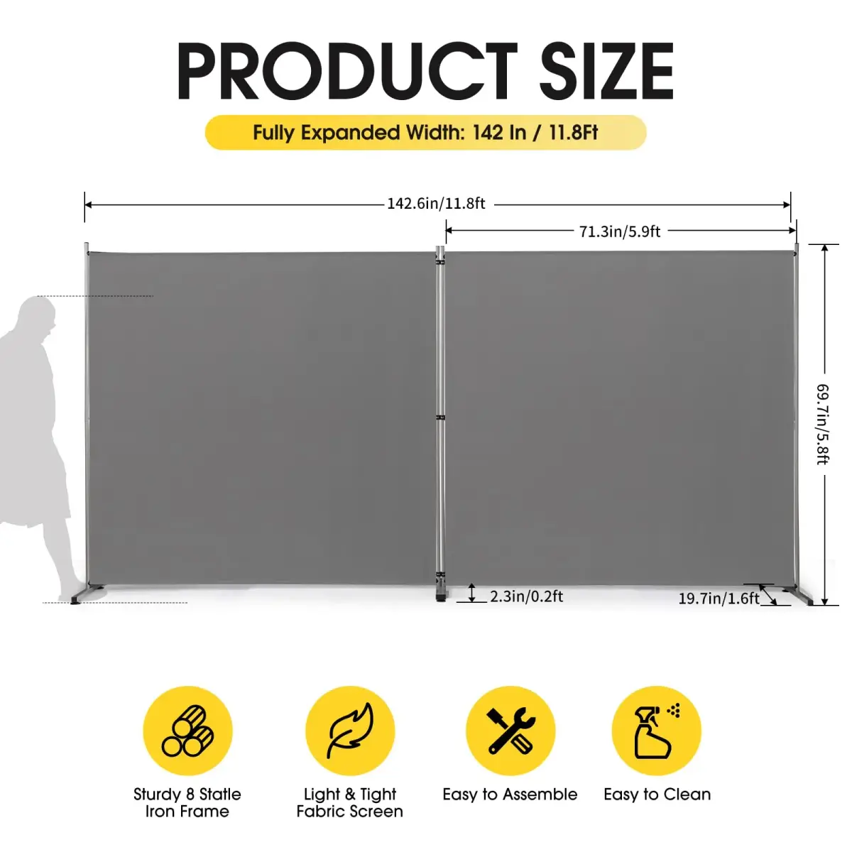 Rantila Gray 2-Panel Folding Room Divider 366cm (142" W x 71" H) | Freestanding Privacy Screen for Home & Office - view 2
