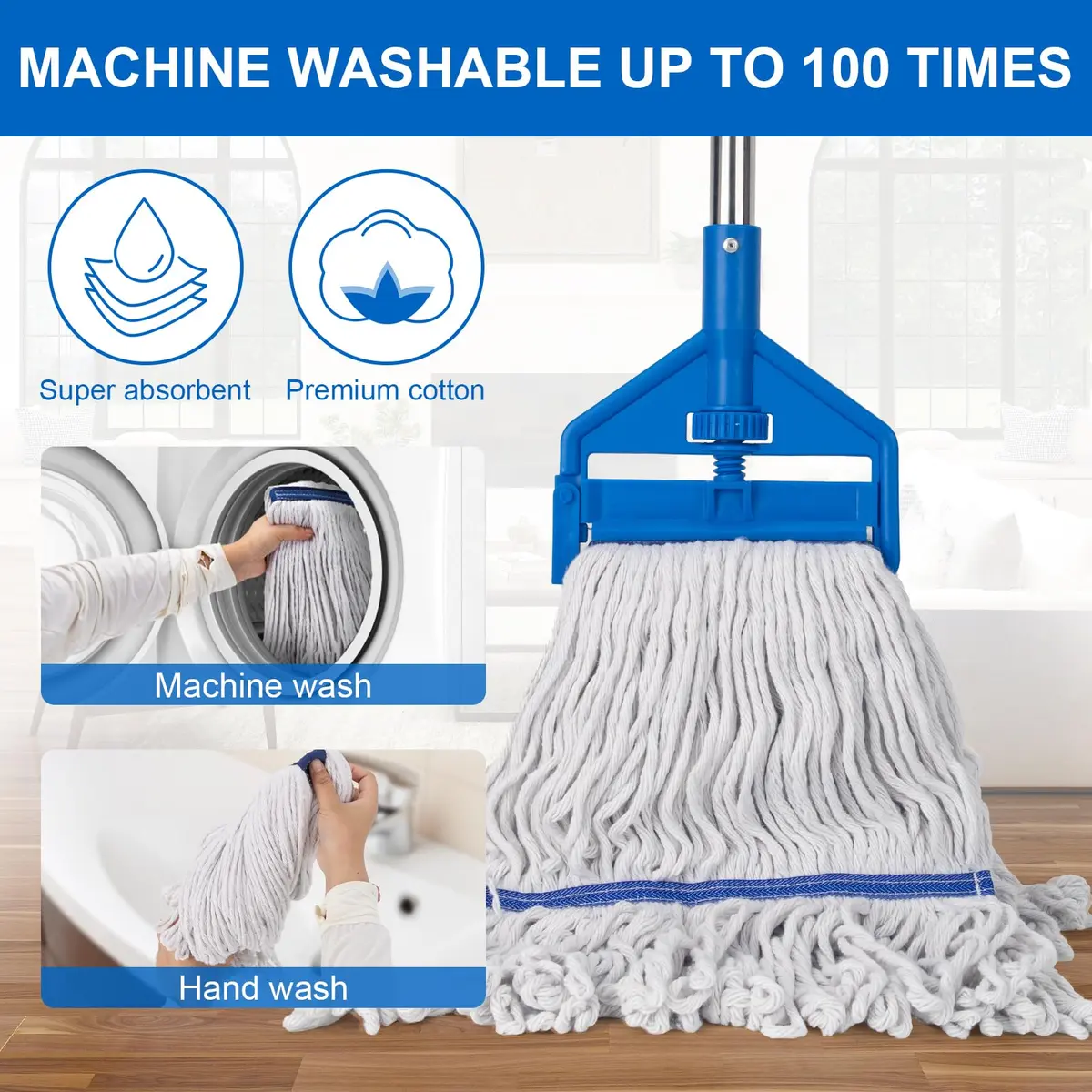 KeFanta Commercial Mop 152 cm (60 inch) Long Handle Heavy Duty Industrial Wet Mop with Looped-End Cotton Head | For Home, Kitchen, Garage, Office, Concrete, Tile, Marble, Hardwood Floors - view 5