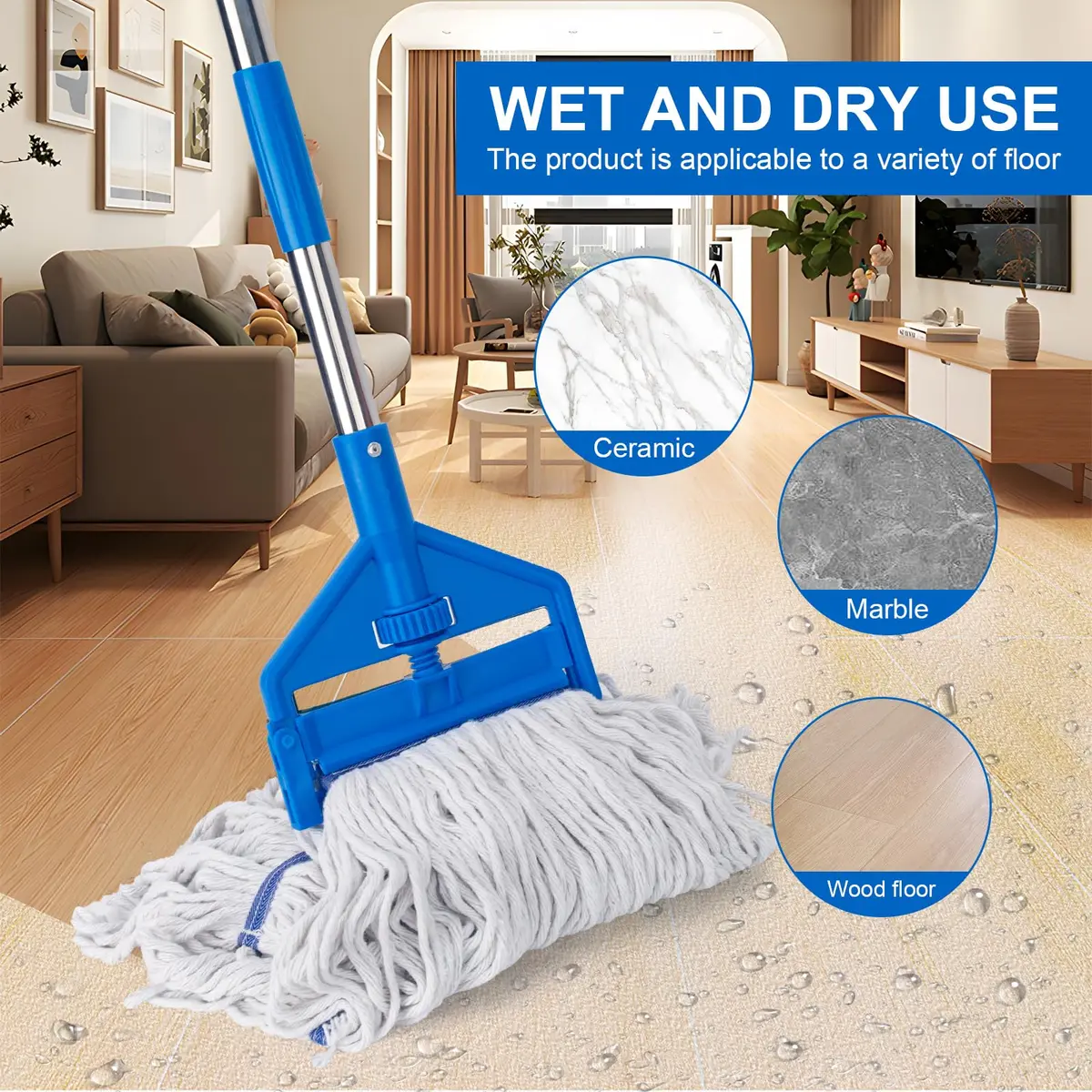 KeFanta Commercial Mop 152 cm (60 inch) Long Handle Heavy Duty Industrial Wet Mop with Looped-End Cotton Head | For Home, Kitchen, Garage, Office, Concrete, Tile, Marble, Hardwood Floors - view 3