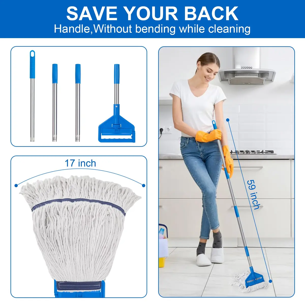 KeFanta Commercial Mop 152 cm (60 inch) Long Handle Heavy Duty Industrial Wet Mop with Looped-End Cotton Head | For Home, Kitchen, Garage, Office, Concrete, Tile, Marble, Hardwood Floors - view 4