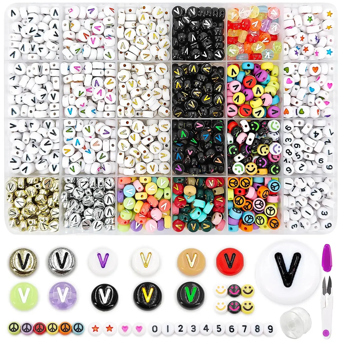 MIIIM Craft Bead Set 1200pcs 12 Styles Letter V & More | Acrylic, Round, 7mm Diameter - main product image