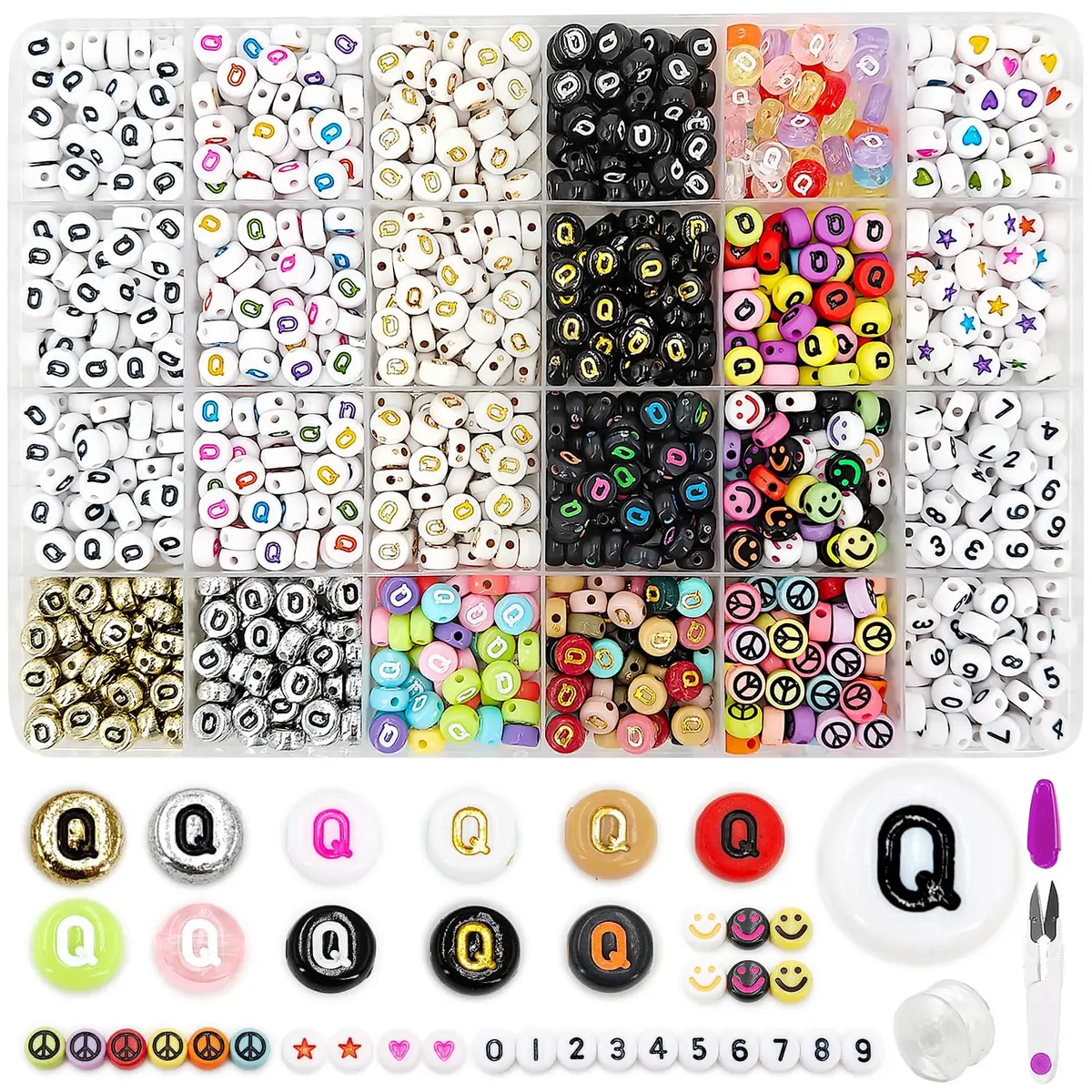 MIIIM Letter Q Alphabet Beads 1200pcs | 12 Styles, 7mm Diameter, Acrylic for Bracelets & Crafts - main product image