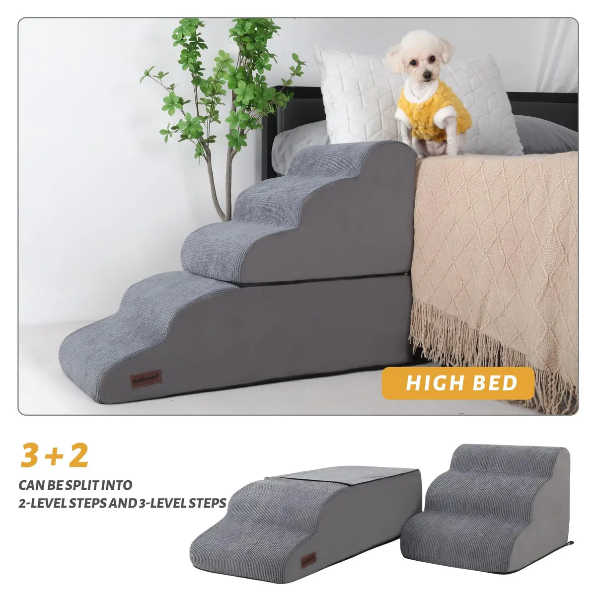 aodisman 5-Step Dog Stairs and Ramp for High Bed 68.58cm (27 inches) | Stable Support for Small Dogs & Cats - view 4