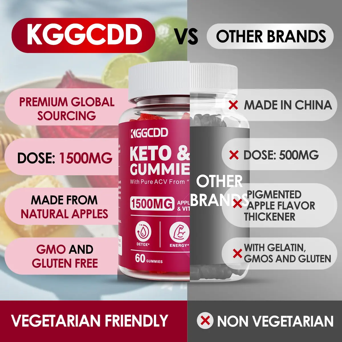 KGGCDD Apple Cider Vinegar Gummies 1500MG | Keto ACV Gummies, Vegan, Non-GMO (60 Count, 2 Pack) - view 5